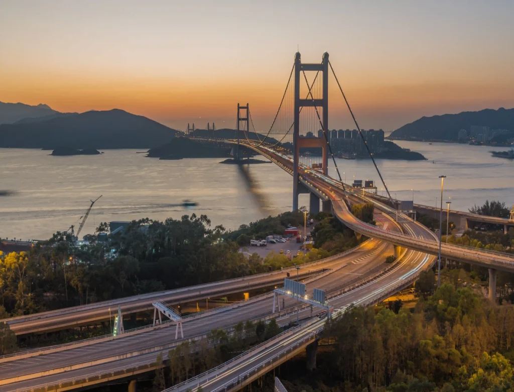 high-angle-shot-tsing-ma-bridge-captured-sunset-hong-kong
